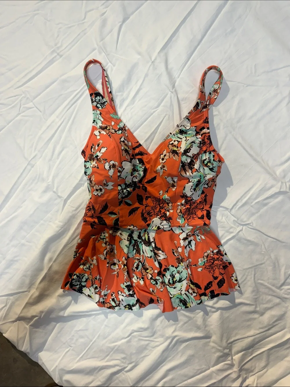 Floral V-Neck One-Piece Swimsuit with Peplum in Orange
